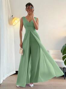 Breezaya Elegant V-Neck Ruched Waist Pearl Chiffon Wide Leg Jumpsuit, Suitable For Wedding Guest Dress, Purple - Mint Green - View 4
