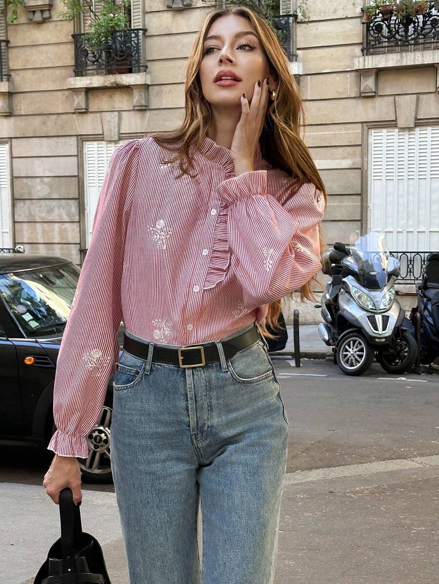 Chiquease Blusa de manga larga con cuello abierto, bordada, de rayas rojas y blancas, con volantes, de estilo suelto y casual, para mujer, ideal para primavera y otoño en la universidad - Rojo - Ver 1