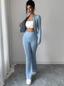 INAWLY 女式紧身拉链短款上衣夹克和喇叭裤两件套