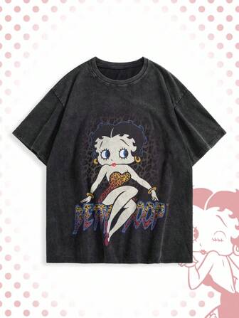 Betty Boop | ROMWE Plus Size Summer Casual Cartoon & Leopard Print Round Neck Short Sleeve T-Shirt,Back To School