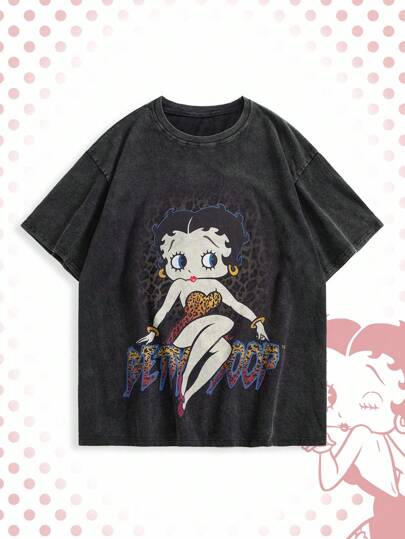 Betty Boop | ROMWE Plus Size Summer Casual Cartoon & Leopard Print Round Neck Short Sleeve T-Shirt,Back To School