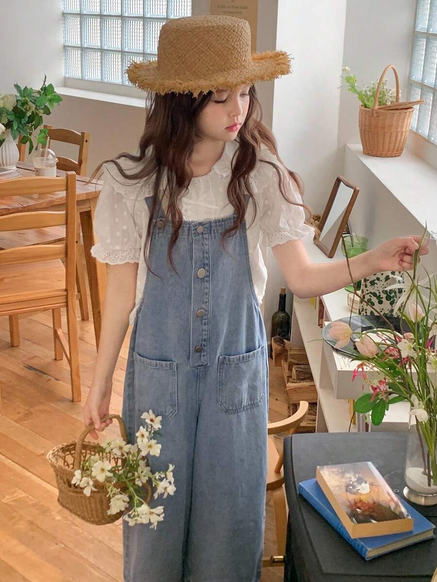 Hapijoa 青少年女孩日常休闲牛仔背带连体裤 - 藍色 - 查看 1