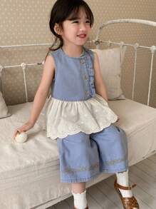 Dazy Kids 女童可爱牛仔荷叶边背心和裤子套装