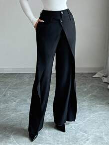 Elenzga Pantalones elegantes y dulces franceses de 2 en 1 para oficina, pantalones de traje negros con bolsillos, para otoño