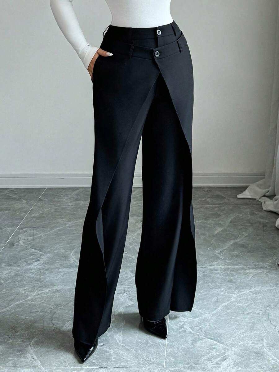 Elenzga Pantalones elegantes y dulces franceses de 2 en 1 para oficina, pantalones de traje negros con bolsillos, para otoño