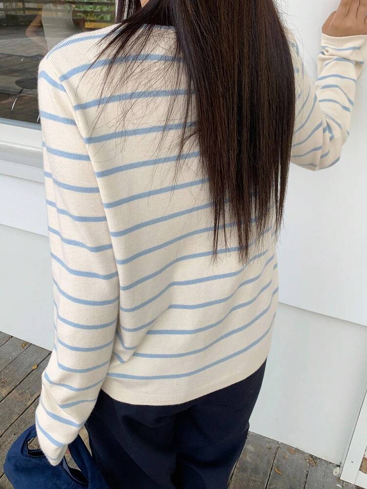 Dazy Plus Red Heart Embroidery Contrast Stripe Patchwork Pullover Sweater, Spring/Autumn
