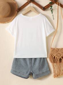 SHEIN Tween Girl 2Pcs/Set Casual Minimalist Crew Neck Short Sleeve Embellished T-Shirt & Denim Shorts Outfit - Black - View 3