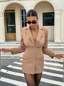 Siren Gaze Business Casual Woman Going Out Outfits  Fall Clothes For Women Khaki Waist-Cinching A-Line Suit Long-Sleeved Jacket Women's Solid Color Lapel Shoulder Long Sleeve Fashion Blazer Winter Elegant