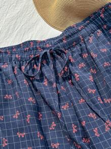 Comfortcana Plus Size Casual Navy Blue Plaid Bow Print Drawstring Pants - Navy Blue - View 3