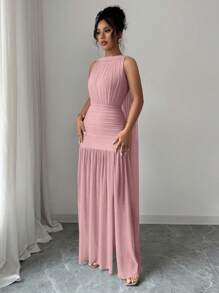 Elenzga Women's Elegant Solid Color Backless Pleated Slit Dress, Summer - Pink - View 7