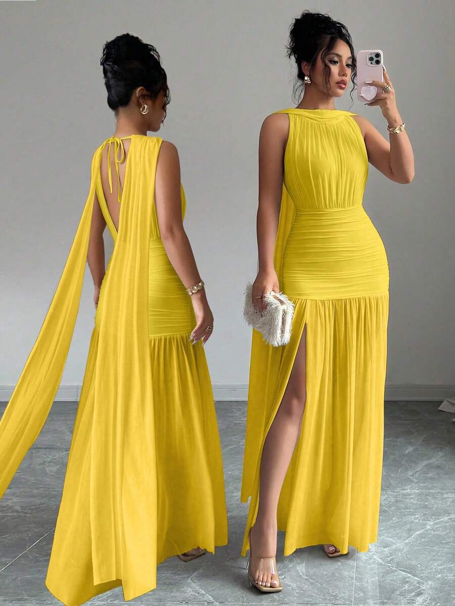 Selianne Women's Solid Color Sleeveless Backless Fitted Slit Dress - Yellow - View 1