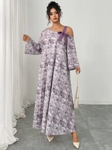 SHEIN Lacomfia 加大码秋季连衣裙，编织数字紫色蝴蝶结斜肩长袖宽松连衣裙 - 紫色 - 查看 7