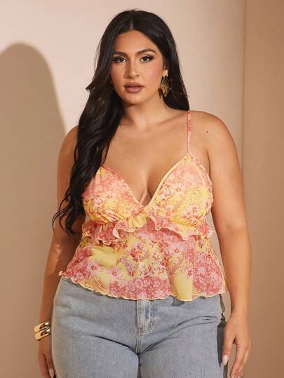 SHEIN BAE 大码女式优雅碎花荷叶边网眼吊带背心，适合春夏季度假和海滩