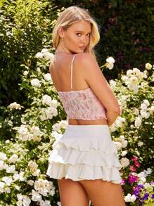 WESTFADE Country Mix Media 碎花印花蕾丝甜心领褶饰后背修身紧身胸衣式无袖荷叶边上衣，适合夏季女士 - 粉色 - 查看 2