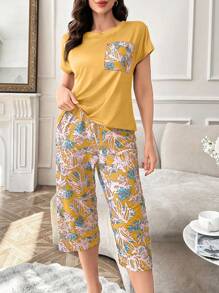 Casual Women's Round Neck Pajama Set With Pocket And Printed Knitted Fabric Capris Yellow Pajama Set Women Pajama Set Summer Pajama Set Yellow Pajamas For Women Women Sleepwear Set - Multicolor - View 5