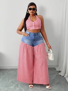 Slaydiva Quần jean ống rộng kẻ caro vá lỗi cho nữ cỡ lớn - Nhiều màu - Xem 6