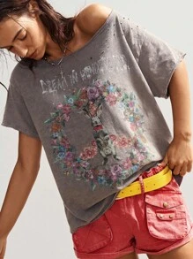 Bohemela Casual Solid Color Knit Asymmetrical Neck Short Sleeve Loose Washed Women T-Shirt - Grey - View 4