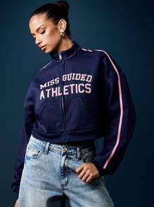 MISSGUIDED Varsity Letter Zip Through Sweatshirt Cropped Track Jacket Full Front Printed Letter Design High Neck Sportswear Fall Winter Loungewear Everyday Casual Wear - Blue - View 6