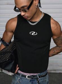 AXEPEAK 男士几何印花圆领休闲黑色背心，夏季 - 黑色 - 查看 2