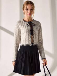 Women Tie Front Contrast Binding Cardigan,Long Cardigans Woman,Petite Cardigans,Cardigans - Cream - View 5