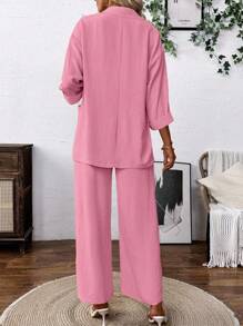 SHEIN Clasi Linen Blend Casual Solid Color Jacket & Pants Suit Set Casual Outfits Spring Clothes For University Fall Cloth For Women