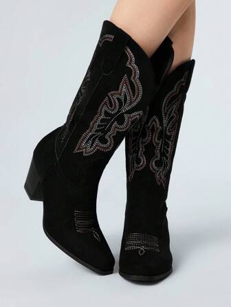 Fairycore Women's Black Classic Western Cowboy Boots, Outdoor Casual Fashion Slip-On Embroidery Mid-Calf Boots, Spring Autumn