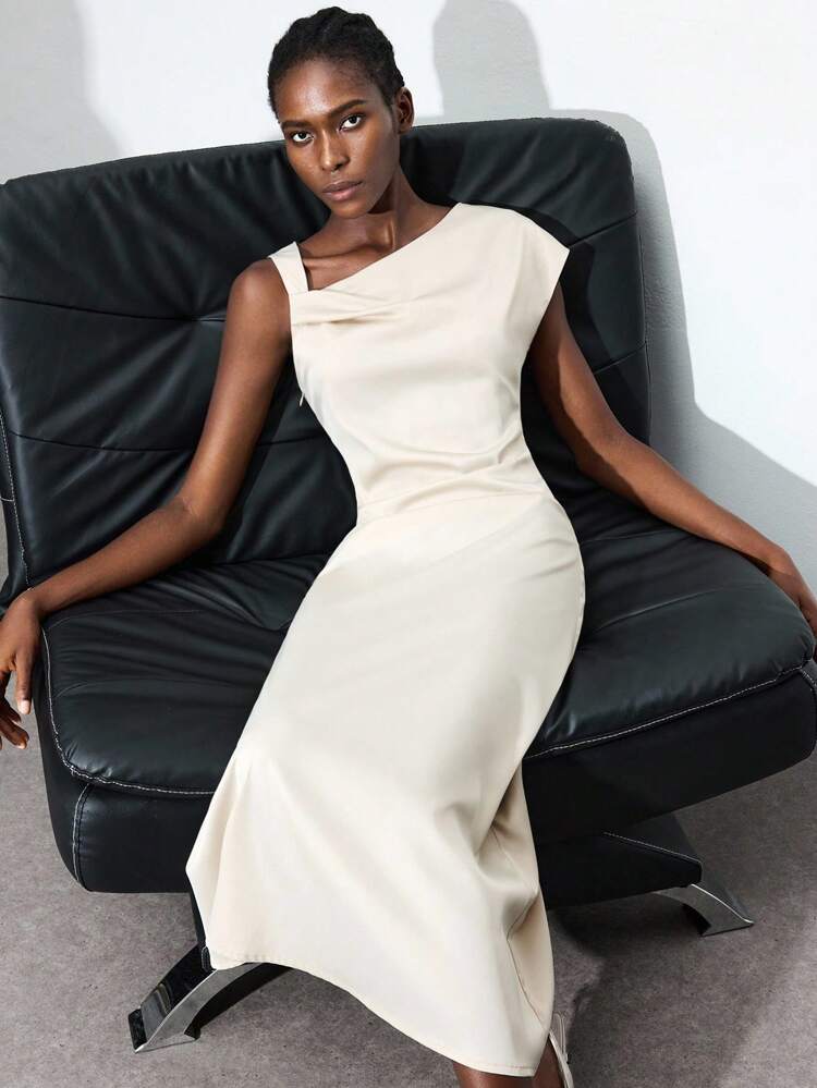 SHEIN Maija Women's Elegant Solid Color Asymmetric Neck Dress, Summer Asymmetrical Dress Creme Dress Tall Dress Draped Dress One Shoulder Dress Business Casual Women's Wear, Office Wear, Low-Key Old Money Style, Effortless Temperament, High-End Urban Commuting, The Same Style As The Editor-In-Chief Of The Magazine, Urban Social Vacation Party Wear, Charming, Low-Key And Durable Basic Style, Versatile And Not Picky Clothing, Street Fashion Wear, Clothing, Coffee Shop, Relaxed Wear All-Season Women's Airport