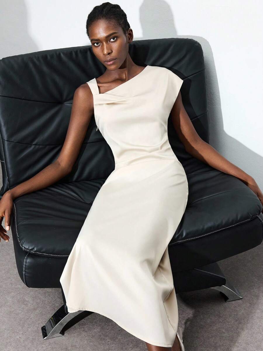 Maija 女士优雅纯色不对称领口连衣裙，夏季 - 卡其色 - 查看 1