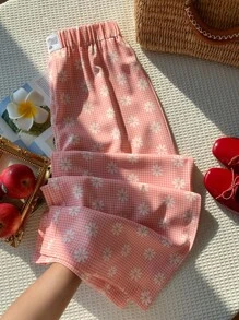 Comfortcana 度假休闲格纹碎花阔腿裤 - 粉色 - 查看 5