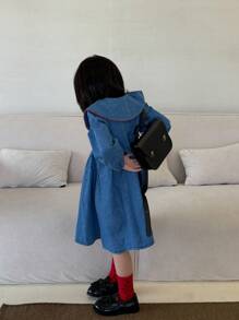 SHEIN 女童秋季可爱刺绣大领长袖时尚高端西式牛仔连衣裙，适合秋季郊游、露营、度假和生日派对 - 藍色 - 查看 2