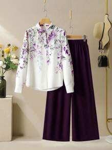 Lacomfia 女士衬衫领长袖印花阔腿长袖休闲宽松套装 - 彩色 - 查看 1