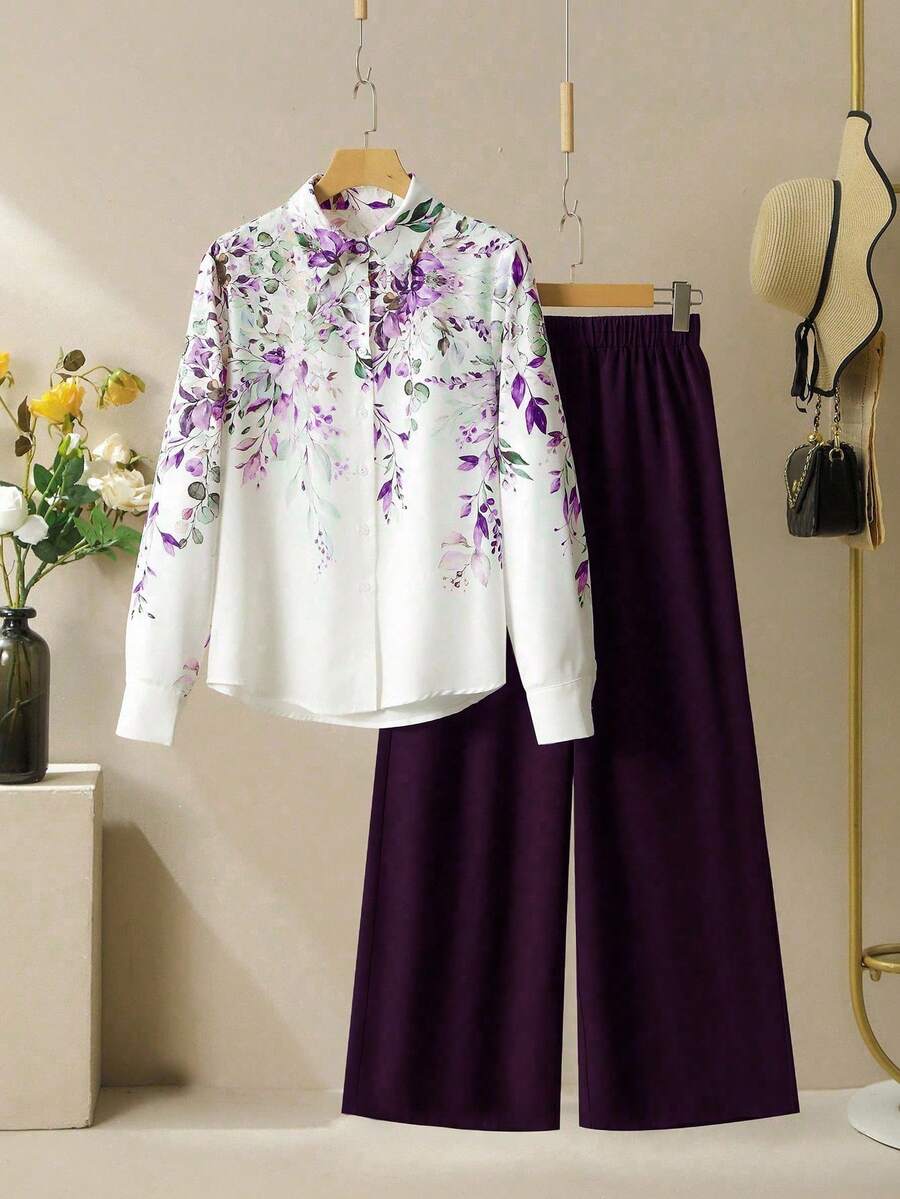 Lacomfia 女士衬衫领长袖印花阔腿长袖休闲宽松套装 - 彩色 - 查看 1