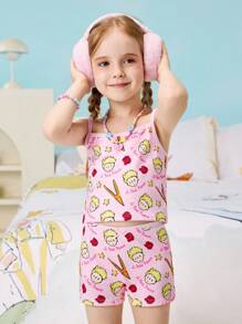 LE PETIT PRINCE X SHEIN 4pcs Young Girl White & Pink Cute Cartoon Rose And Star Print Summer Allover Print Camisole Top & Boxy Panty Set,Kawaii,Sweet,Soft & Comfortable - Pink - View 6