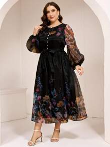 Veilorie Plus Size Women Elegant Floral Print Arabic Style Dress