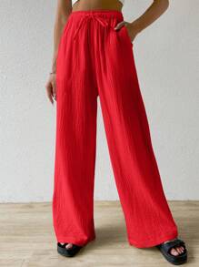 SHEIN EZwear 红色夏季纯色纹理褶皱面料宽松抽绳腰带纯棉休闲度假阔腿裤，大码，假日 - 紅色 - 查看 3