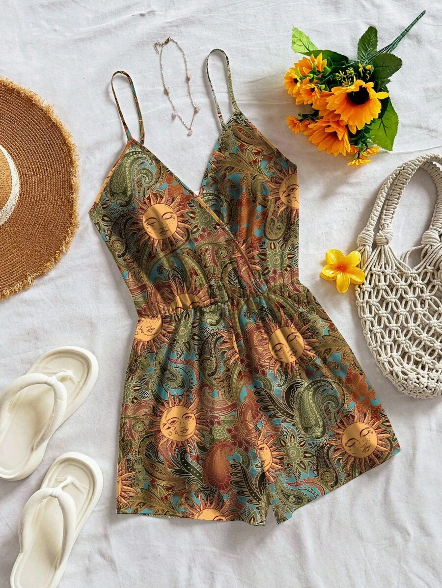 Soleia 休闲花卉和太阳神图案连体裤，适合夏季 - 黑色 - 查看 1