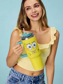 SpongeBob SquarePants | SHEIN 1200 Ml / 40oz Stainless Steel , Keep Cold Water Bottle, With Straw, Suitable For Hot Water And Cold Drink - Yellow - View 2