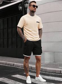 Manfinity Homme Men's Pocket Round Neck Short Sleeve Casual T-Shirt And Drawstring Waist Shorts Set,2pcs Men's Embellished Short Sleeve T-Shirt And Shorts, Men's Solid Color T-Shirt & Shorts Set, Casual Minimalist Everyday Wear White Outfits For Men Men White Outfit Men 2 Pieces Outfit Men Two Pieces Casual,Summer Outfit For Men