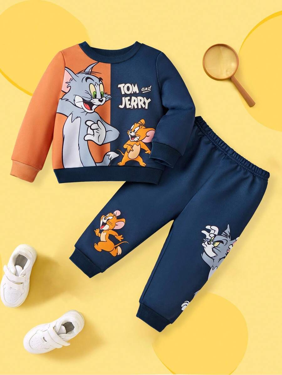 TOM & JERRY X SHEIN Set de 2 piezas de sudadera y pantalones estilo deportivo casual con estampado de gato y ratón de dibujos animados para bebé niño, adecuado para primavera, otoño e invierno
