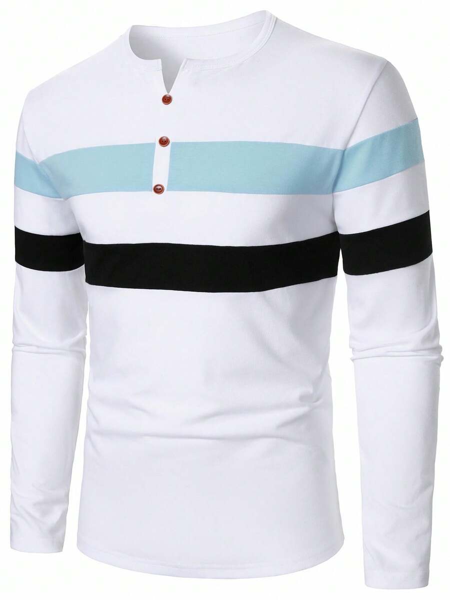 Manfinity Homme Men's V-Neck Long Sleeve Striped Casual Half-Placket T-Shirt, Fall - Multicolor - View 1