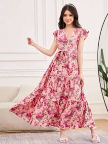 SHEIN Teen Girls' Floral Print Ruffle Sleeve V-Neck Casual Dress - Pink - View 3