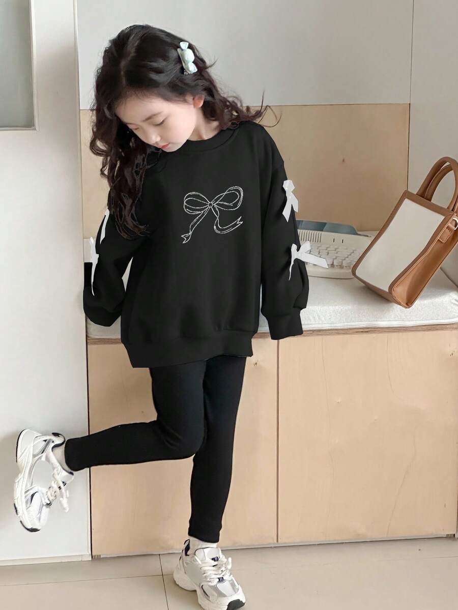 DAZY 2件套女童圆领针织蝴蝶结印花套装 - 黑色 - 查看 1