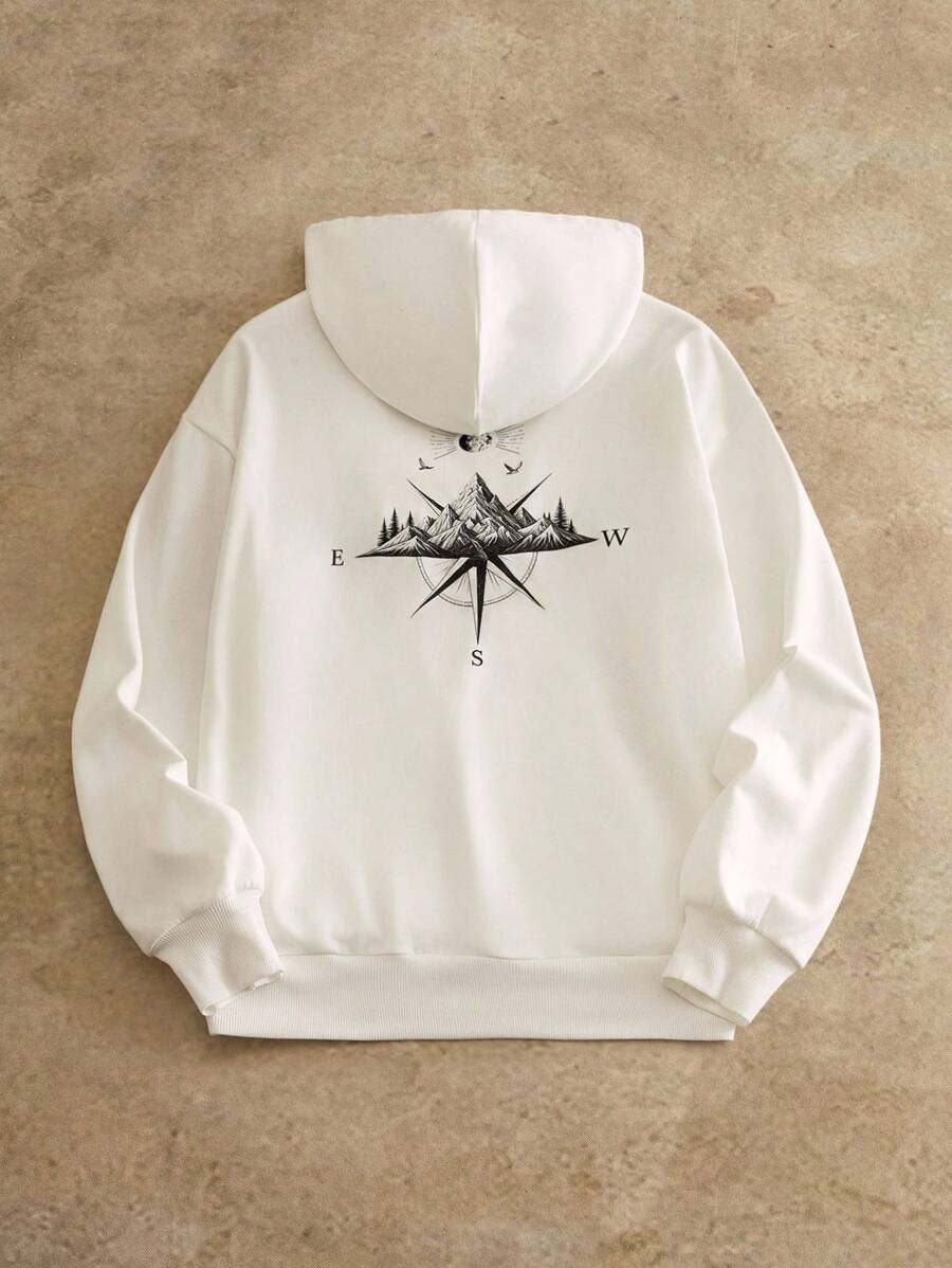 Manfinity NXTstreet 男士休闲日常度假指南针插画印花连帽衫卫衣白色图案连帽衫图案连帽衫山地图案连帽衫指南针图案连帽衫连帽衫街头服饰，适合秋冬