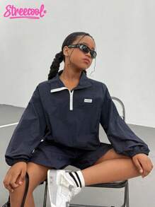 Girls'Navy Blue Autumn Long-Sleeve Windbreaker Set With Shorts,Fashionable Minimalist Stylish Look,Cow Boy Vacation Youthful Vitality Outfit - Royal Blue - View 3