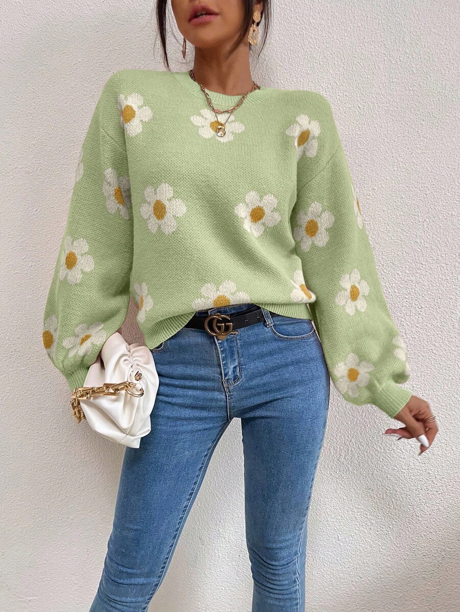 Roamenne Roamenne 女式雏菊图案宽松圆领长袖套头衫 - 薄荷綠 - 查看 1