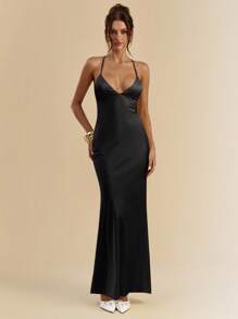 SHEIN BAE Váy đuôi cá dài, hở lưng, cổ chữ V sâu màu mơ và trắng, dây mảnh, chất liệu satin, buộc nơ, đầm thanh lịch, đầm đi nghỉ, đầm phù dâu, đầm dự tiệc sinh nhật, đầm tốt nghiệp/trở lại trường, đầm trắng - màu đen - Xem 5