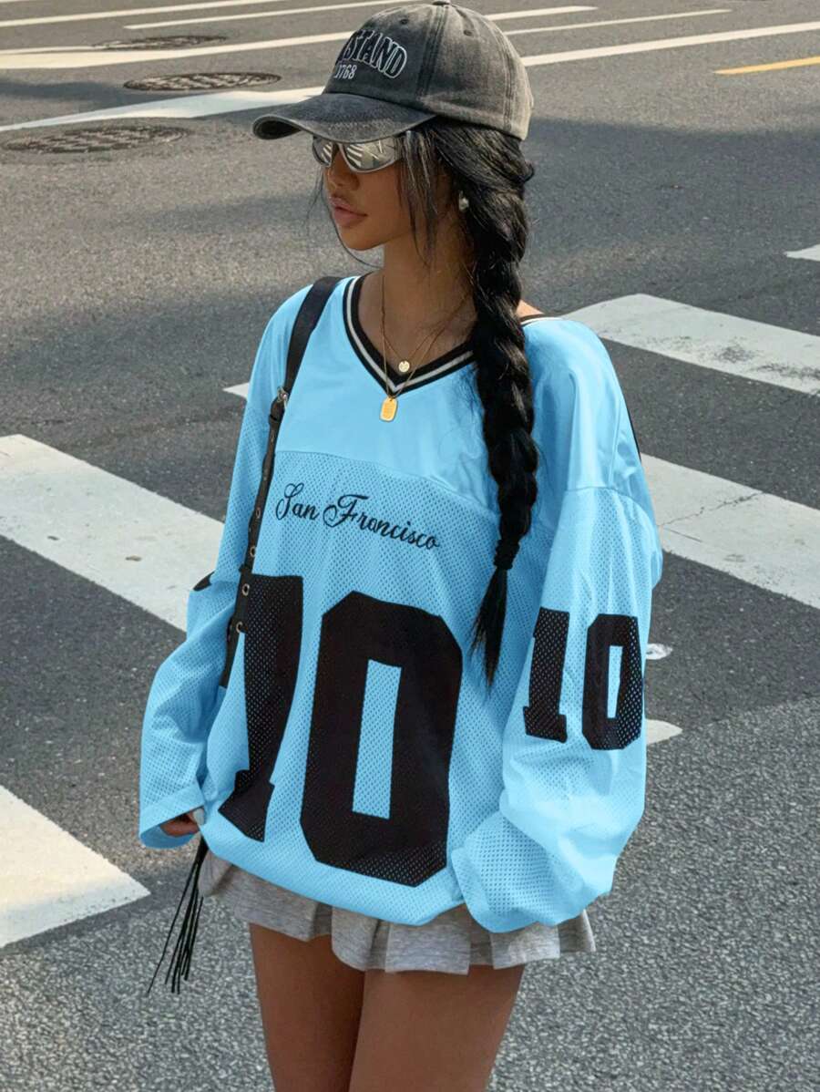 Muchica Women's New V-Neck Casual Sports Letter & Graphic Patchwork Oversized Loose Long Sleeve T-Shirt, White,Fall Tops Oversized Jersey Korean Fashion Jersey Long Sleeve Jersey