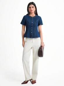 Daynim 女士休闲短袖圆领腰牛仔衬衫 - 中等水洗藍 - 查看 3