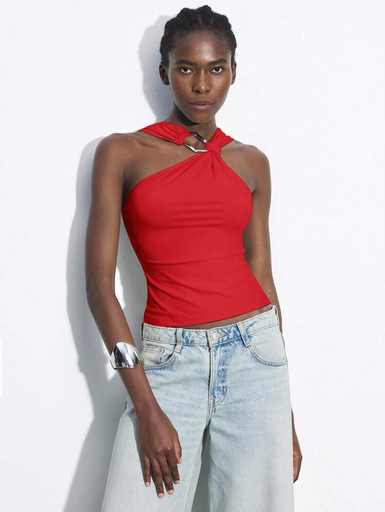 SHEIN Maija Women's Red Asymmetric Metal Twist Halter Neck Sleeveless Fitted Camisole, Sexy & Versatile For Daily, Party, Business Casual Occasions, Shoulder Exposed Top Rave Festival Halloween Halloween Christmas Going Out Tops Women Going Out Tops Going Out Going Out Tops For Going Out