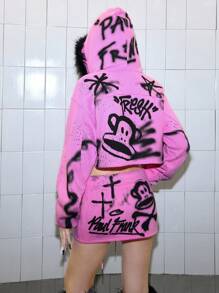 Paul Frank X ROMWE Conjunto de 2 piezas con sudadera con capucha corta y falda mini ultra baja con estampado de mono para mujer